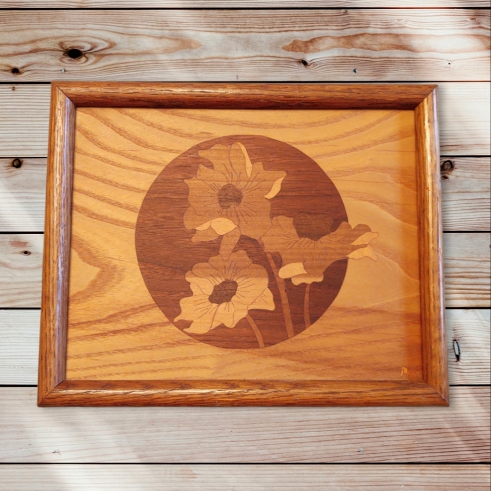 Vintage Marquetry Wood inlay Mid-Century Flower wall hanging
